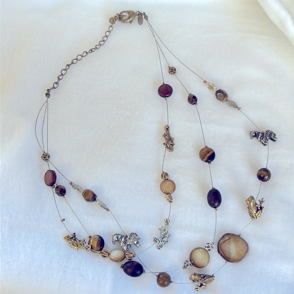 Vintage Chico’s three strands necklace, Safari, Zebra Iguana,frog